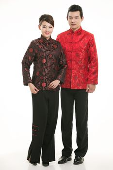 Wearing Chinese clothing waiter in front of a white background