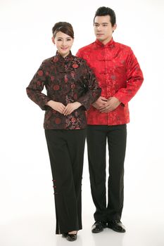 Wearing Chinese clothing waiter in front of a white background