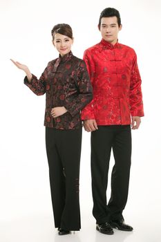 Wearing Chinese clothing waiter in front of a white background