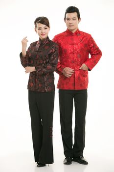 Wearing Chinese clothing waiter in front of a white background