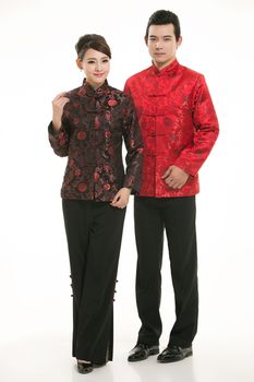 Wearing Chinese clothing waiter in front of a white background