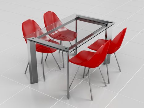 Glass dining table and red transparent plastic chairs