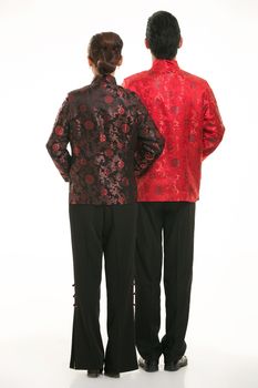 Wearing Chinese clothing waiter in front of a white background