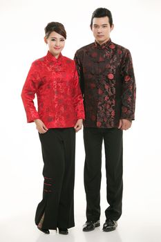 Wearing Chinese clothing waiter in front of a white background