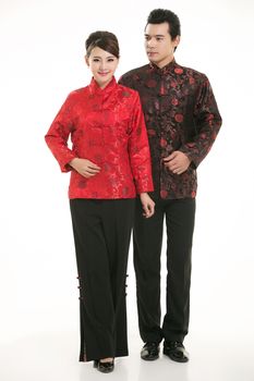 Wearing Chinese clothing waiter in front of a white background