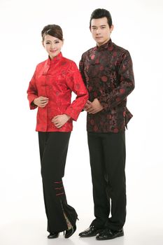 Wearing Chinese clothing waiter in front of a white background