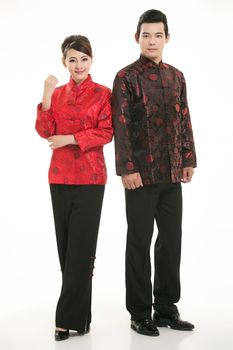 Wearing Chinese clothing waiter in front of a white background