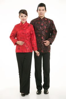 Wearing Chinese clothing waiter in front of a white background