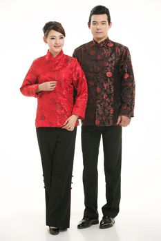 Wearing Chinese clothing waiter in front of a white background