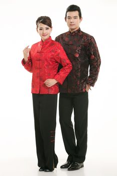 Wearing Chinese clothing waiter in front of a white background