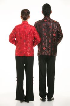 Wearing Chinese clothing waiter in front of a white background