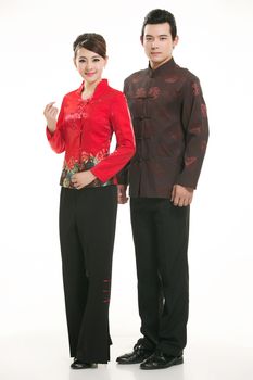 Wearing Chinese clothing waiter in front of a white background