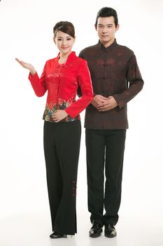 Wearing Chinese clothing waiter in front of a white background