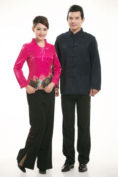 Wearing Chinese clothing waiter in front of a white background