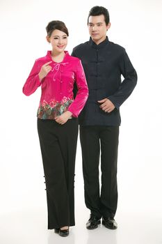 Wearing Chinese clothing waiter in front of a white background