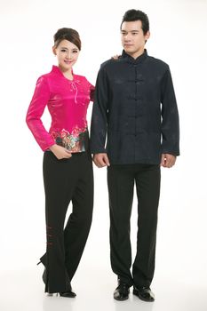 Wearing Chinese clothing waiter in front of a white background