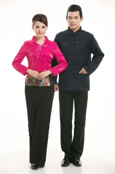 Wearing Chinese clothing waiter in front of a white background