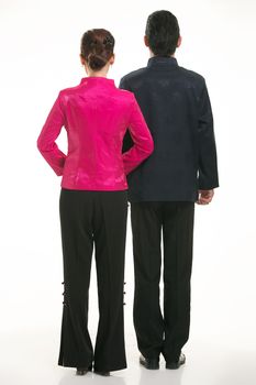 Wearing Chinese clothing waiter in front of a white background