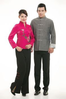 Wearing Chinese clothing waiter in front of a white background