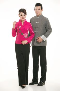 Wearing Chinese clothing waiter in front of a white background