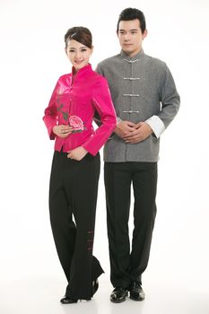 Wearing Chinese clothing waiter in front of a white background