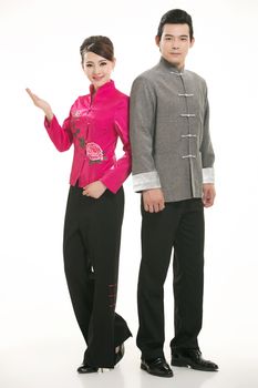 Wearing Chinese clothing waiter in front of a white background