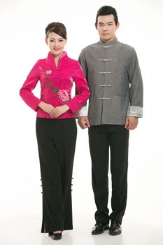 Wearing Chinese clothing waiter in front of a white background