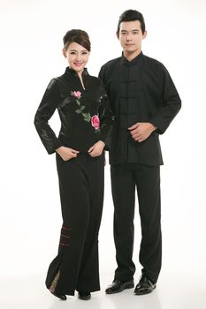 Wearing Chinese clothing waiter in front of a white background