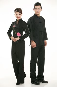 Wearing Chinese clothing waiter in front of a white background