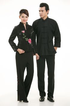 Wearing Chinese clothing waiter in front of a white background