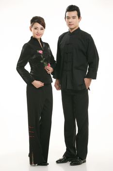 Wearing Chinese clothing waiter in front of a white background