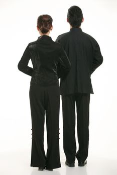 Wearing Chinese clothing waiter in front of a white background