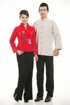 Wearing Chinese clothing waiter in front of a white background