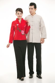 Wearing Chinese clothing waiter in front of a white background