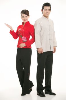 Wearing Chinese clothing waiter in front of a white background