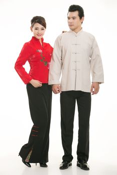 Wearing Chinese clothing waiter in front of a white background