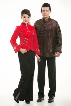 Wearing Chinese clothing waiter in front of a white background