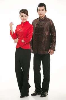 Wearing Chinese clothing waiter in front of a white background