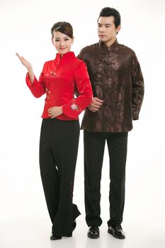 Wearing Chinese clothing waiter in front of a white background