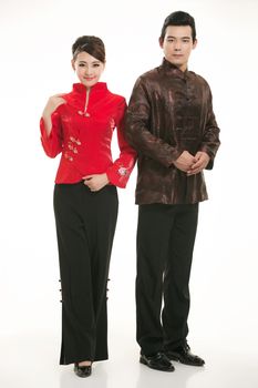 Wearing Chinese clothing waiter in front of a white background