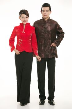 Wearing Chinese clothing waiter in front of a white background