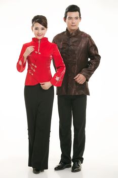 Wearing Chinese clothing waiter in front of a white background