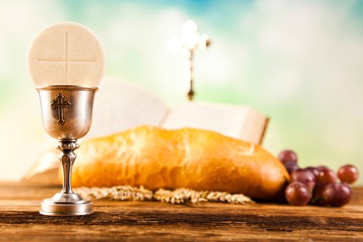 Sacrament of communion, bright background, saturated concept