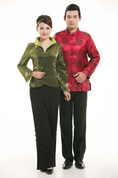 Wearing Chinese clothing waiter in front of a white background