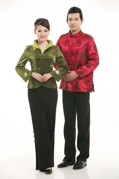 Wearing Chinese clothing waiter in front of a white background