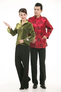 Wearing Chinese clothing waiter in front of a white background