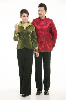 Wearing Chinese clothing waiter in front of a white background