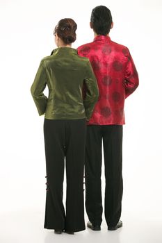 Wearing Chinese clothing waiter in front of a white background