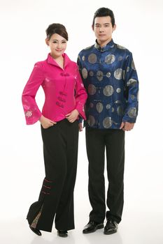 Wearing Chinese clothing waiter in front of a white background