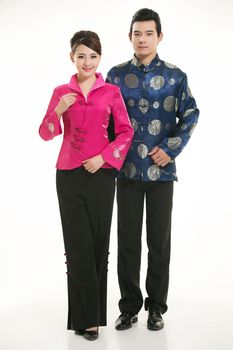 Wearing Chinese clothing waiter in front of a white background